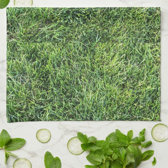 Funny green grass real photo texture pattern fun kitchen towel (Folded)
