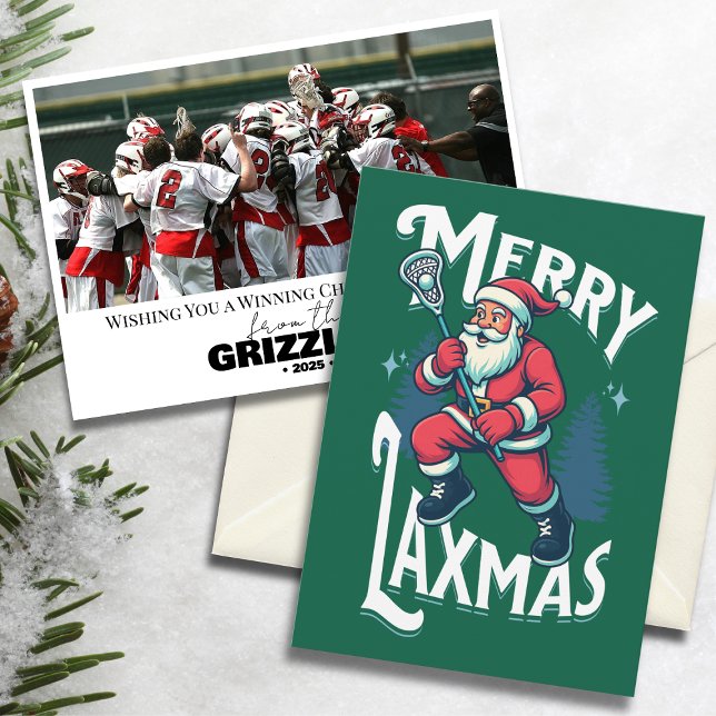 Funny Green Merry Laxmas Lacrosse Team Christmas Holiday Card (“Merry Laxmas” green lacrosse-themed Christmas card with Santa and team photo on snowy background.)