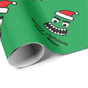 Funny green monster kid's Christmas wrapping paper