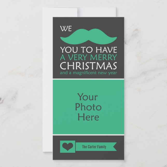Funny Green Mustache Christmas Photo Holiday Card (Front)