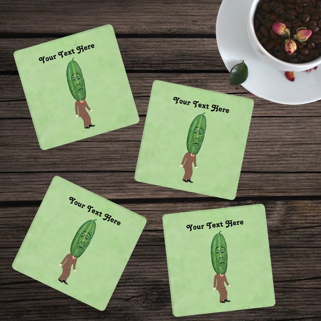 Funny Green Pickle Head Man in Suite With Face Coaster Set (Funny man big pickle head with face in brown suit on green drink coasters.)