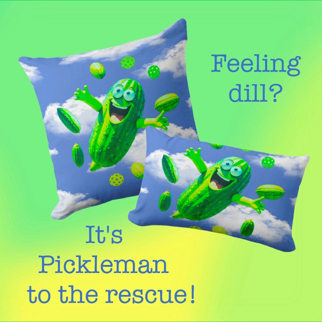 Funny Green Pickleman In The Sky  Throw Pillow (Fun pillows for the kiddos or the young at heart!)