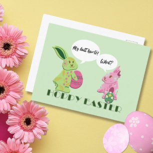 Funny Green Pink Easter Bunnies Illustration Holiday Postcard