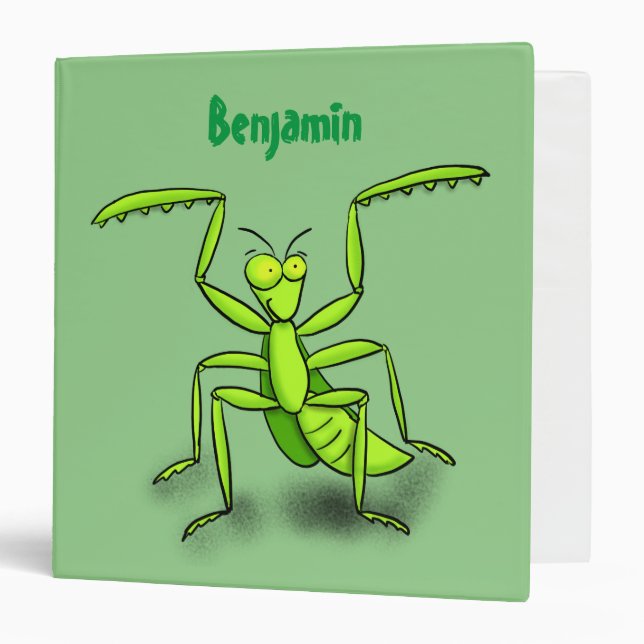 Funny green praying mantis cartoon illustration 3 ring binder (Front/Inside)