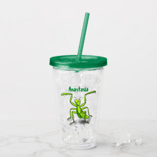 Funny green praying mantis cartoon illustration acrylic tumbler