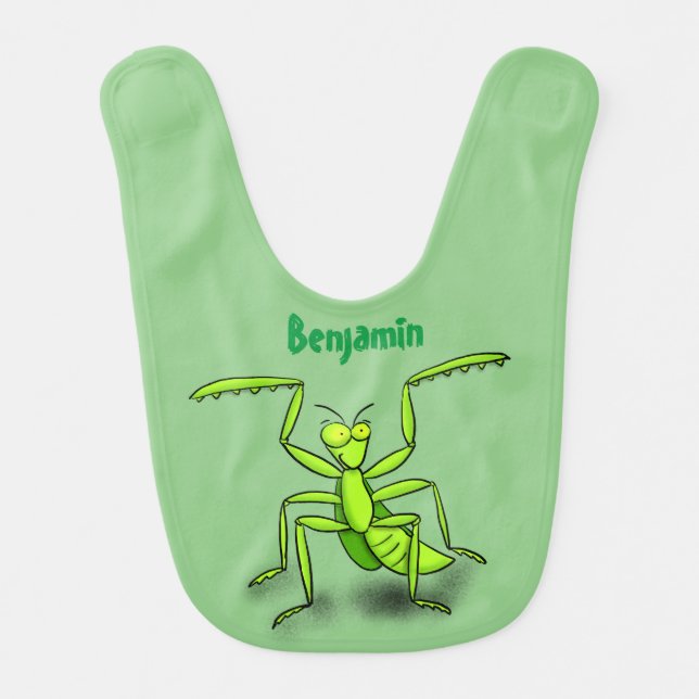 Funny green praying mantis cartoon illustration baby bib (Front)