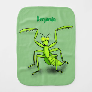 Funny green praying mantis cartoon illustration baby burp cloth