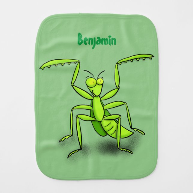 Funny green praying mantis cartoon illustration baby burp cloth (Front)