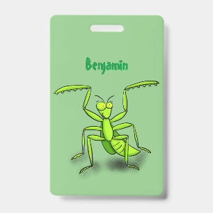 Funny green praying mantis cartoon illustration badge