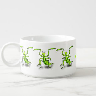 Funny green praying mantis cartoon illustration bowl