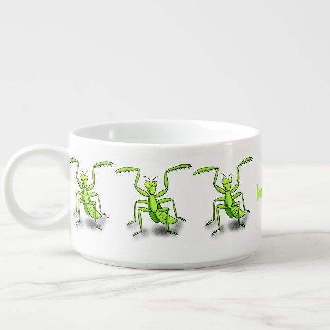 Funny green praying mantis cartoon illustration bowl (Right)