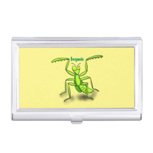 Funny green praying mantis cartoon illustration business card case