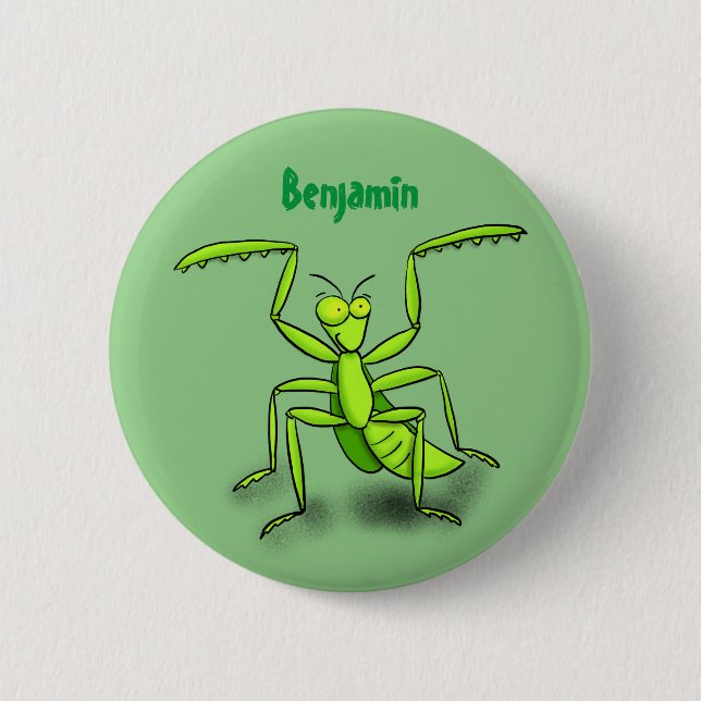 Funny green praying mantis cartoon illustration button (Front)