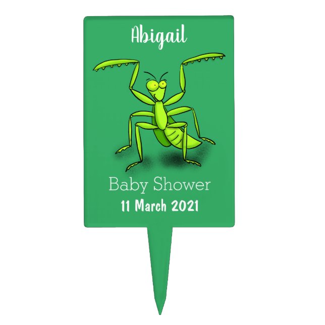 Funny green praying mantis cartoon illustration cake topper (Front)