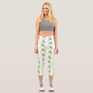 Funny green praying mantis cartoon illustration capri leggings