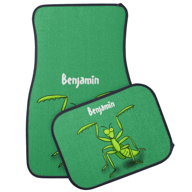 Funny green praying mantis cartoon illustration  car floor mat (Set)