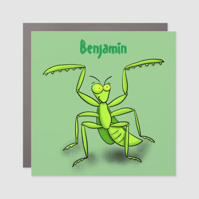 Funny green praying mantis cartoon illustration car magnet (Front)