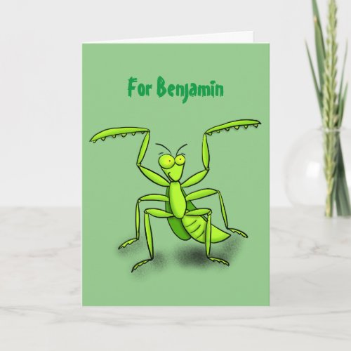 Funny green praying mantis cartoon illustration card