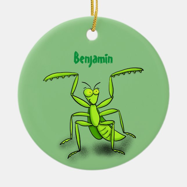 Funny green praying mantis cartoon illustration ceramic ornament (Front)