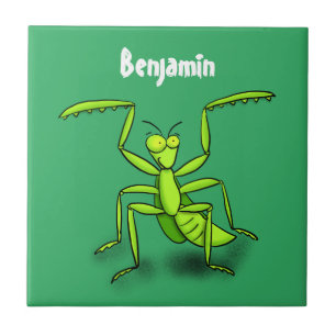 Funny green praying mantis cartoon illustration ceramic tile