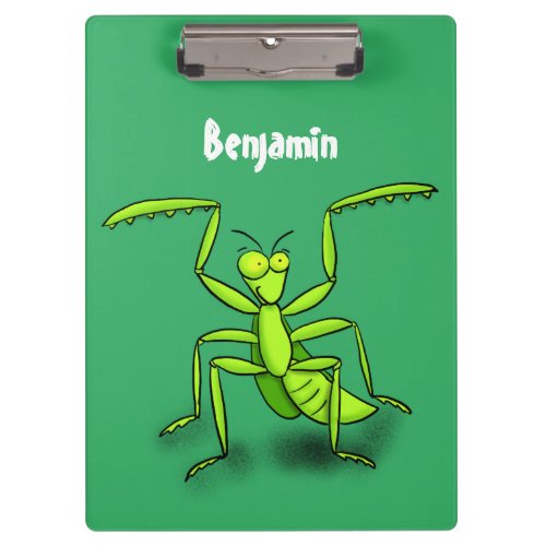 Funny green praying mantis cartoon illustration clipboard