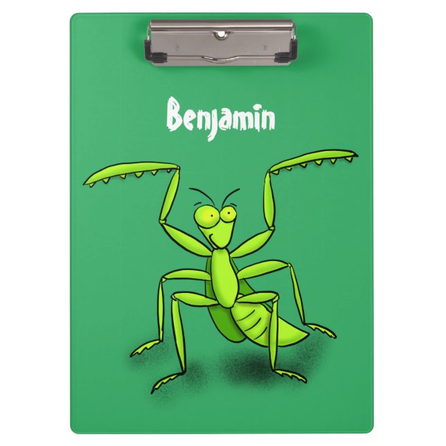 Funny green praying mantis cartoon illustration clipboard (Front)