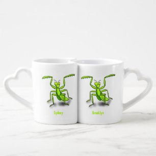 Funny green praying mantis cartoon illustration coffee mug set