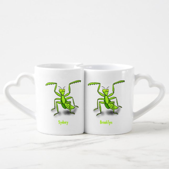 Funny green praying mantis cartoon illustration coffee mug set (Back Nesting)
