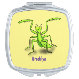 Funny green praying mantis cartoon illustration compact mirror