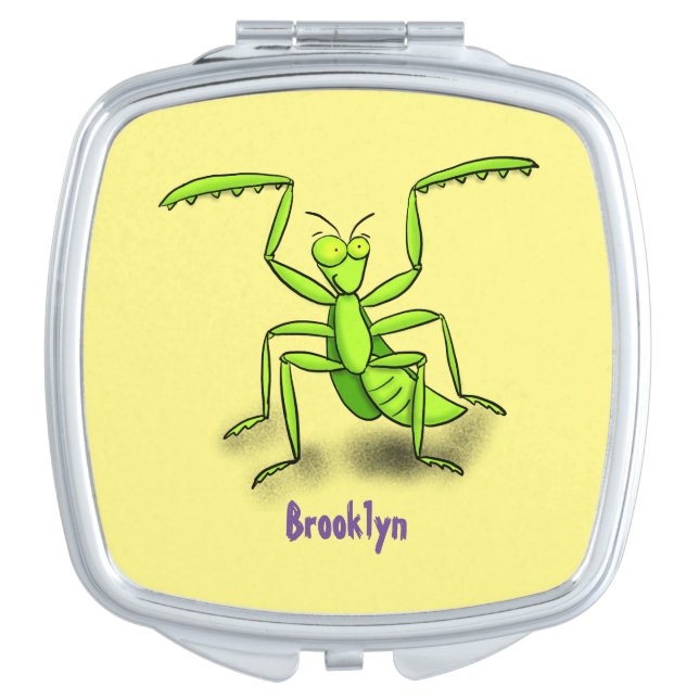 Funny green praying mantis cartoon illustration compact mirror (Front)