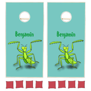 Funny green praying mantis cartoon illustration cornhole set