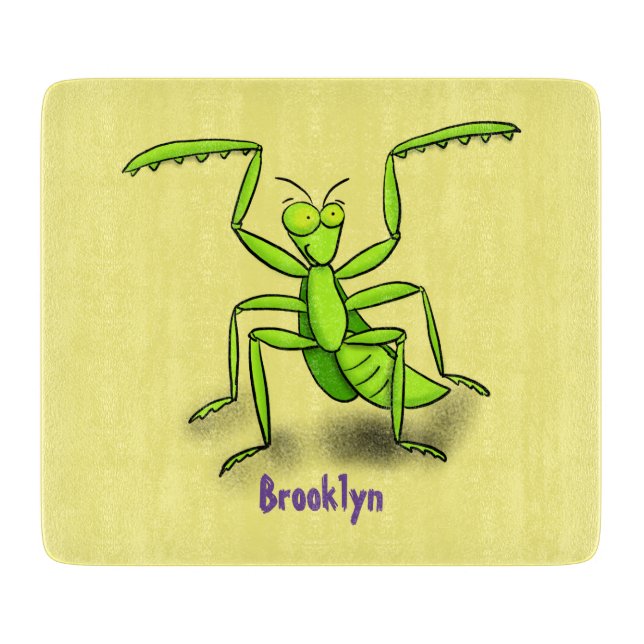 Funny green praying mantis cartoon illustration cutting board (Front)