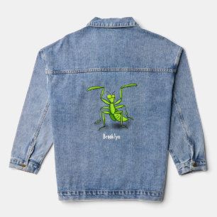 Funny green praying mantis cartoon illustration denim jacket