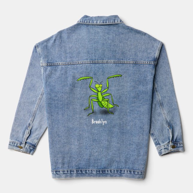 Funny green praying mantis cartoon illustration denim jacket (Back)