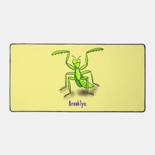 Funny green praying mantis cartoon illustration desk mat