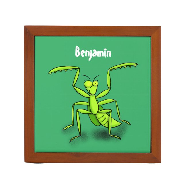 Funny green praying mantis cartoon illustration desk organizer (Front)