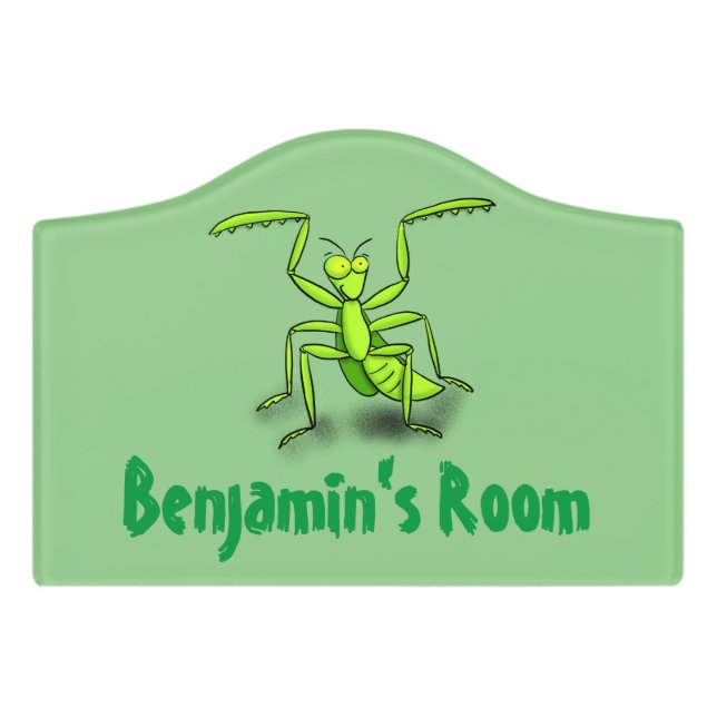 Funny green praying mantis cartoon illustration door sign (Small Crest Front)
