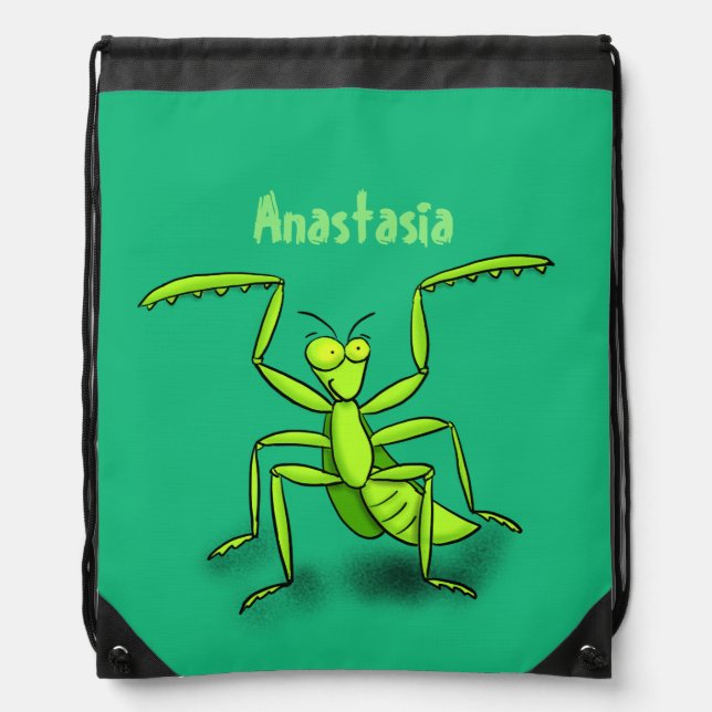 Funny green praying mantis cartoon illustration drawstring bag (Front)