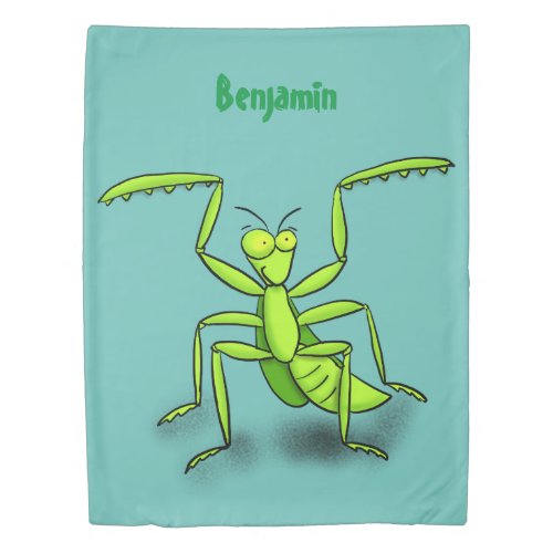 Funny green praying mantis cartoon illustration duvet cover