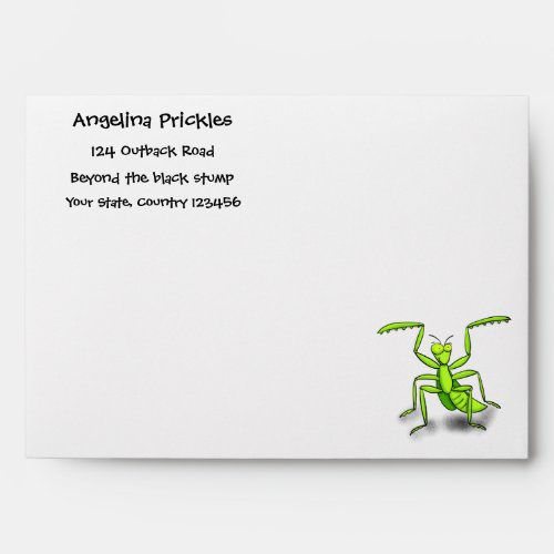 Funny green praying mantis cartoon illustration envelope