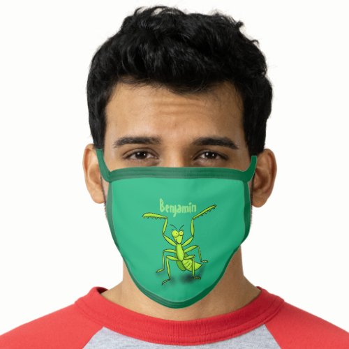 Funny green praying mantis cartoon illustration face mask