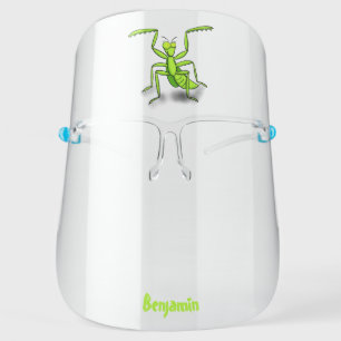 Funny green praying mantis cartoon illustration face shield