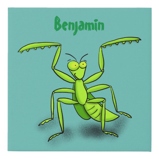 Funny green praying mantis cartoon illustration faux canvas print (Front)