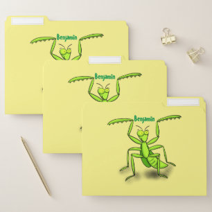Funny green praying mantis cartoon illustration file folder