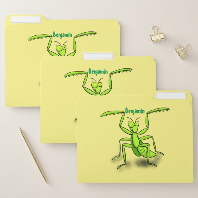 Funny green praying mantis cartoon illustration file folder (Set)