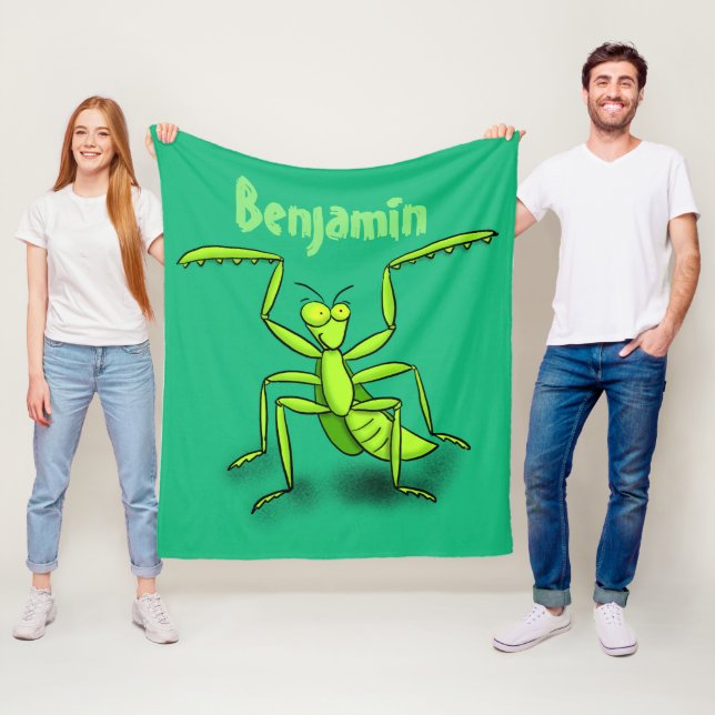 Funny green praying mantis cartoon illustration fleece blanket (In Situ)