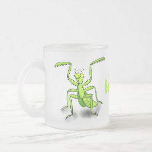 Funny green praying mantis cartoon illustration frosted glass coffee mug