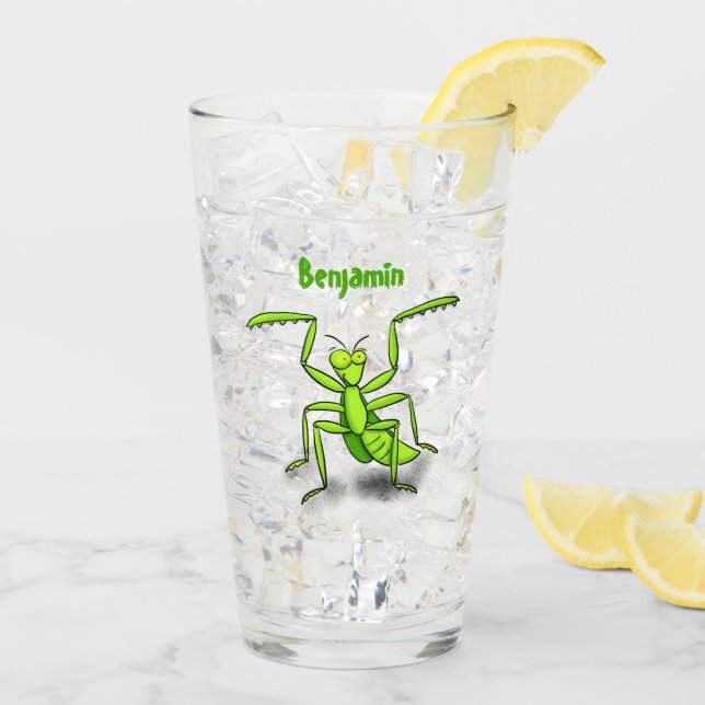 Funny green praying mantis cartoon illustration glass (Back Ice)