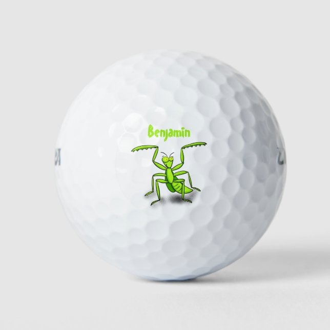 Funny green praying mantis cartoon illustration golf balls (Front)