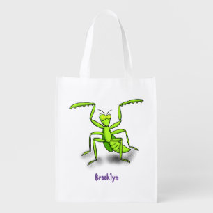 Funny green praying mantis cartoon illustration grocery bag